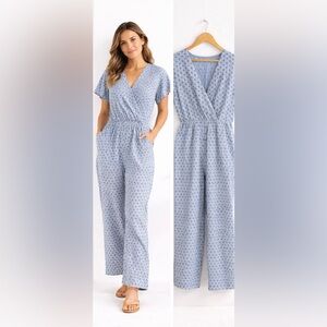 Made in Italy Blue Floral Jumpsuit Faux Wrap Elastic Waist Boho Coastal Wide Leg